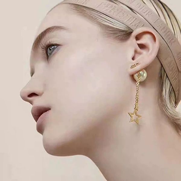 

luxury female designer diamond earrings size five-pointed star pearl cd letter long gold tassel earrings personalized fashion earrings, White