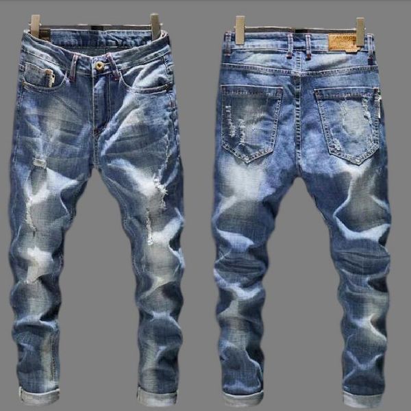 

ripped jeans men slim fit hole skinny feet pants stretch streetwear frayed hip hop distressed casual jeans male denim trousers, Blue