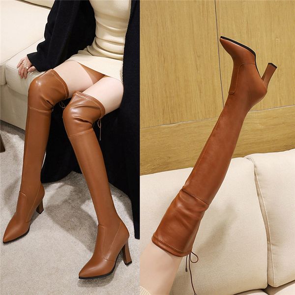 

ymechic fashion womens high heels shoes lace up over the knee boots pointed toe slim yellow black knight riding thigh high boots
