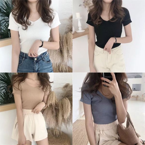 

xfl52 ice silk women's summer v-neck short sleeve spring and summer new korean style slim-fit bottoming all-match knitwear solid color, White;black