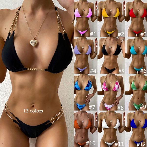 Kette Neckholder Tie-Dye Farbverlauf Sexy Bikini Micro Damen Badeanzug Dreieck Bademode Badeanzug Set für Frauen