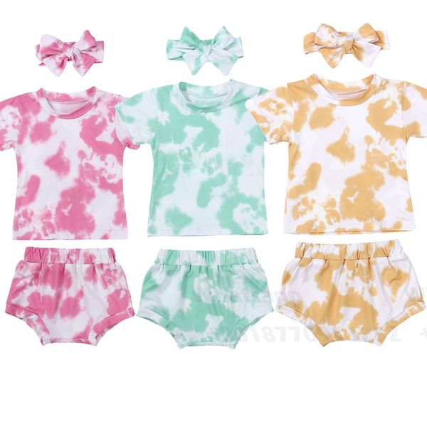 

newborn baby girls clothes tie dyeing gradient printing 3-piece outfit set short sleeve tie-dye print shorts+headband set, White