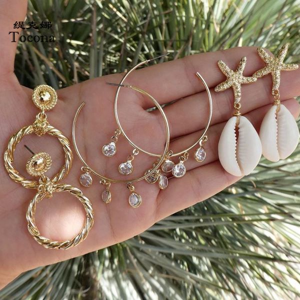 

boho 6pcs/sets gold drop earrings for women sea starfish shell clear crystal stone geometry jewelry, Golden