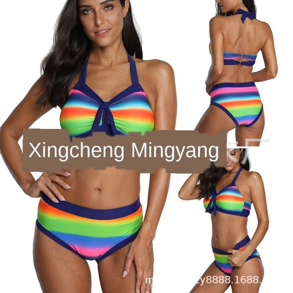 

2020 new printed swimsuit rainbow striped sports split chest swimsuit bikini pad bikini, White;black