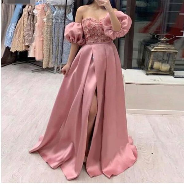 

short lantern sleeves pink evening dresses 2021 arabic sweetheart lace split backless prom party gowns ruched satin formal dress, Black;red