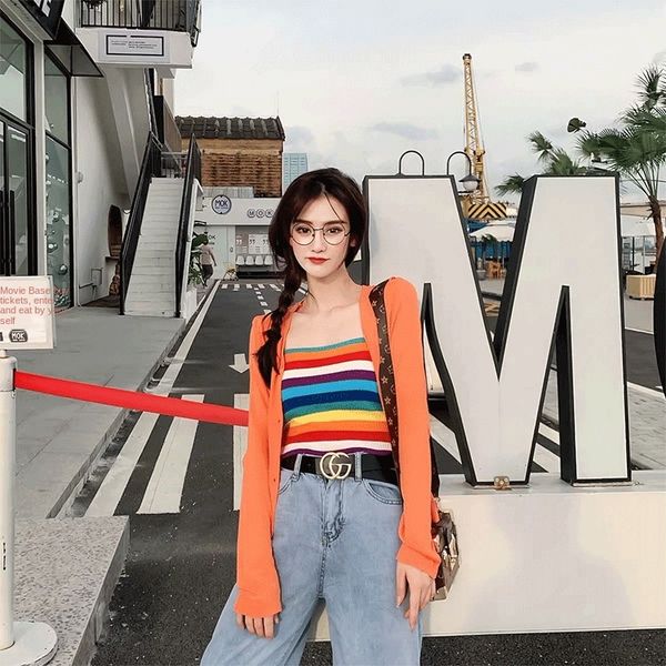 

hipster rainbow striped knitted camisole female students street trendsetters wear vest vest outside and wear inside slim top, Camo