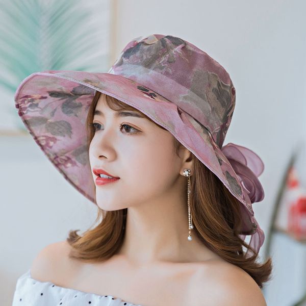 

women's new korean bow sunscreen big eaves sun ougen yarn foldable sun women butterfly hat hat hat, Blue;gray