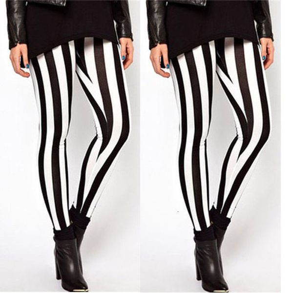 

knitted  polyester women black stripe stretch leggings pants
