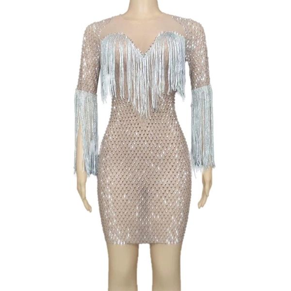 

luxury rhinestone fringe short dresses for women half sleeves birthday celebrate outfit women nightclub ds dance show dress, Black;red