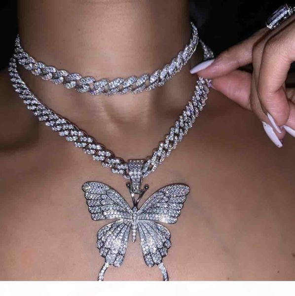 

iced out animal butterfly pendant with tennis cuban chain gold silver rosegold cubic zircon men women hiphop necklace jewelry