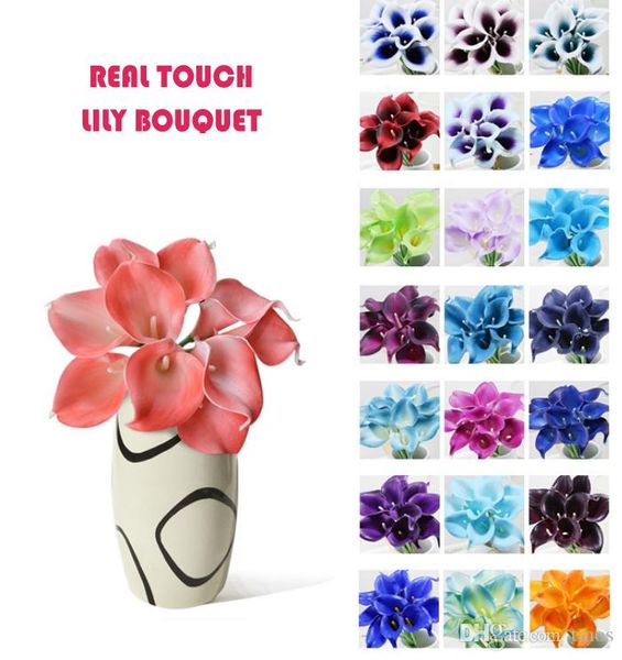 Commercio all'ingrosso 50pcs MOQ Real Touch Lily Simulazione Mazzi di fiori da sposa Giglio di calla artificiale per la decorazione nuziale e domestica (senza vaso)