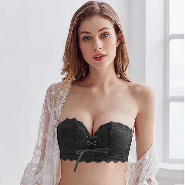 

women bra magic non-slip drawstrings push up lace bra strapless drawstring bandeau underwear femme brasieres para mujer, Red;black