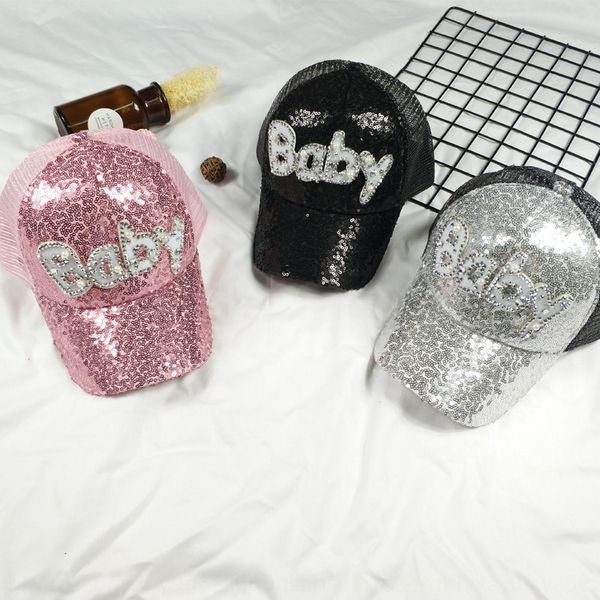 

parent-child new fashion baseball curved edge baseball cap korean baby sequins with diamond cute male and female outdoor net cap, Blue;gray