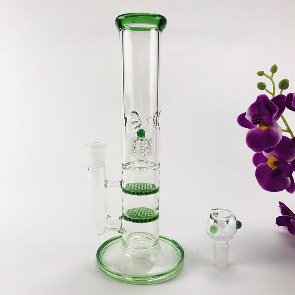 Düz tüp Cam Bong Çift Yeşil Petek DAB RIG Kuş Kafası Perc Su Borular Petrol Teçhizatları Cam Bongs Sigara ile Kase ile