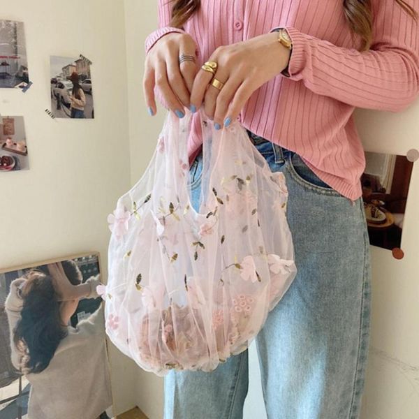 

translucent organza embroidery flower bag floral fairy small mesh handbag tote for women beach shopping eco clear bag tote