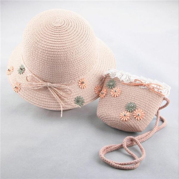

мода малых свежего ребенка ребенок вс девочка лето cap пляж visor hat соломенная сумка два-piece set, Blue;gray