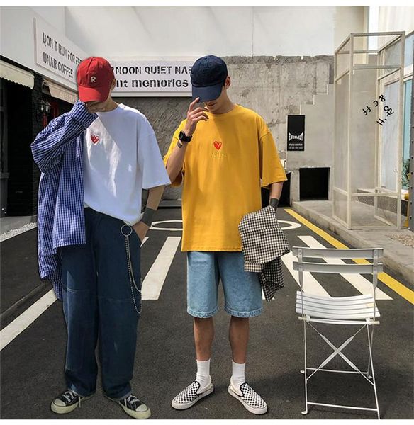 

casual clothes teenagers red heart embroidery tshirts summer letter oversize crew neck short sleeve tees mens street wear fasion, White;black