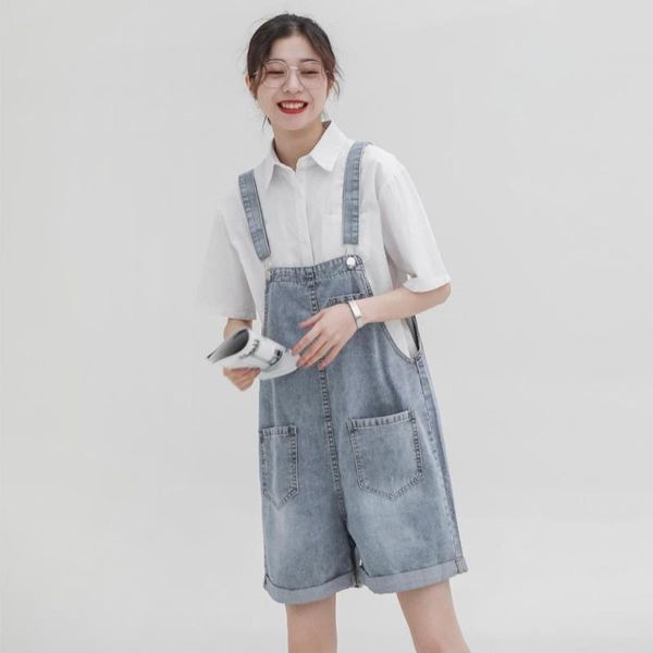 

denim overalls women short jeans women korean high waist summer 2020 loose rolled shorts with pockets, White;black