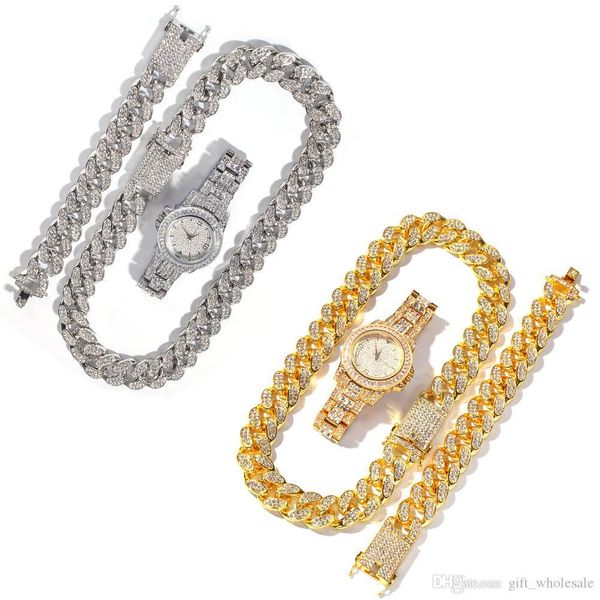 

2cm hip hop gold color iced out crystal miami cuban chain gold silver men watch & necklace & bracelet set hip hop king new