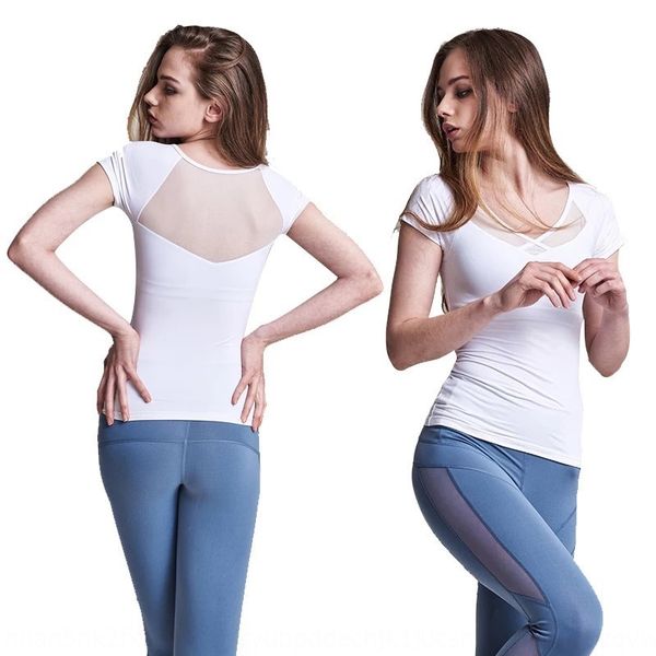 

korean nylon mesh short-sleeved yoga women's with chest pad professional fitness running korean dance nylon net dance, White;red