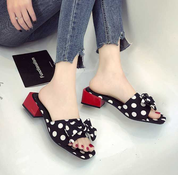 

2020 new women's sandals butterfly-knot open toe casual ladies slippers fashion polka dot pu leather soft high heel women shoes, Black