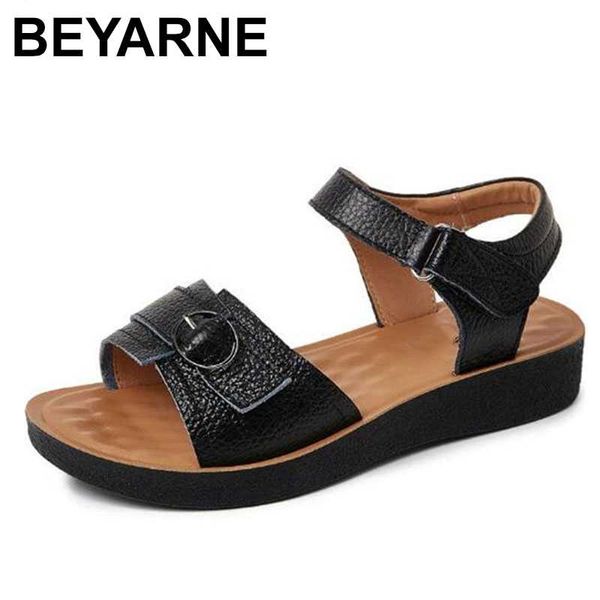 

sandals beyarne summer genuine leather mother flat non-slip comfortable shoes casual women big size, Black