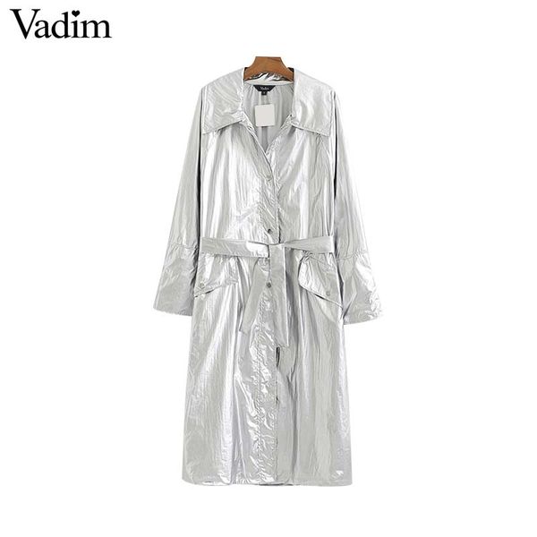 

vadim women stylish solid shiny loose long trench bow tie sashes pockets long sleeve coat female elegant outwear ca535, Tan;black