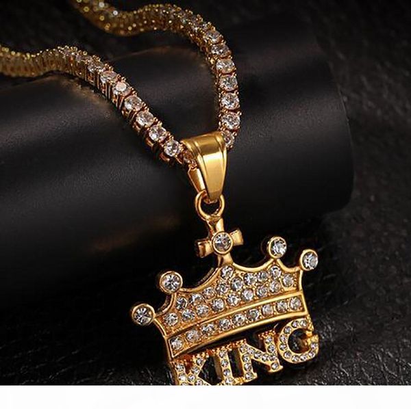 

mens iced out crown king pendant necklace 18k gold plated stainess steel austrian rhinestone bling bling hip hop jewelry, Silver