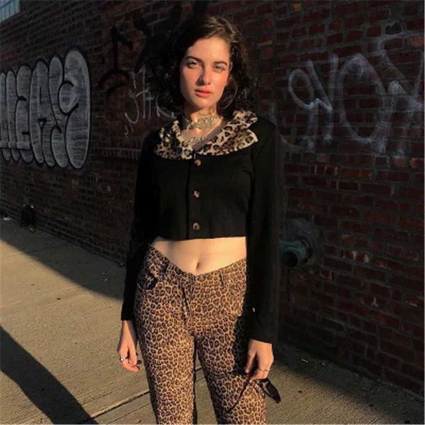 

2020 new autumn and winter female pullover fashion leopard print button long sleeve slim turndown collar short, White