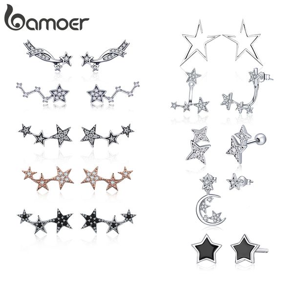 

bamoer star earrings collection solid sterling silver cubic zirconia stud earrings for women korean fashion jewelry gifts, Golden;silver