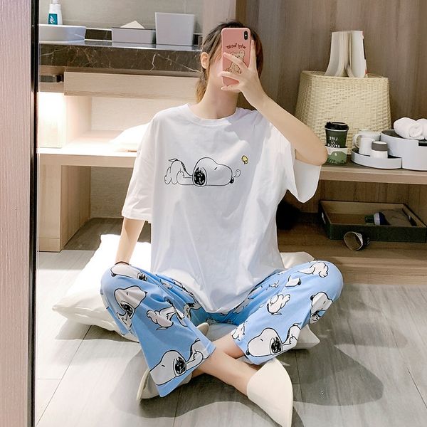 

8nevt ins cartoon pajamas women's underpants and pants and trousers thin cotton short-sleeved trousers summer cute home wear cotton two, Blue;red