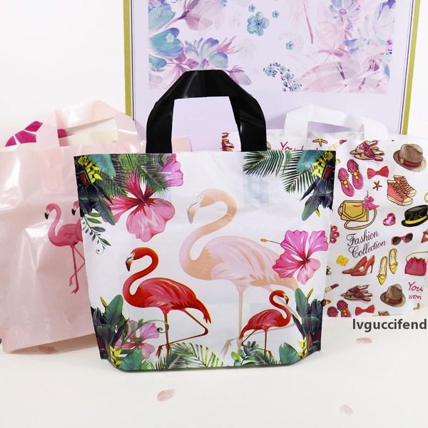 

50pcs big size flamingo gift plastic bag with handles clothes storage thank you shopping packaging bags wedding party decoration