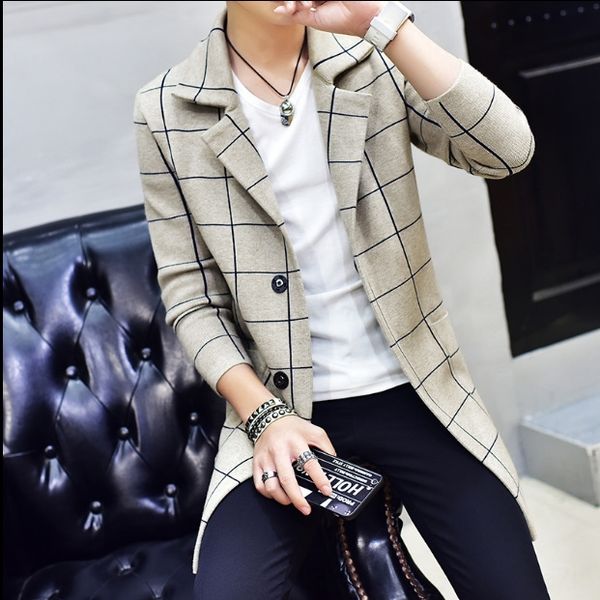 

2020 korean mid-length cardigan knitted windbreaker youth plaid sweater men's casual men's coat windbreaker sweater coat sweaterco, Tan;black