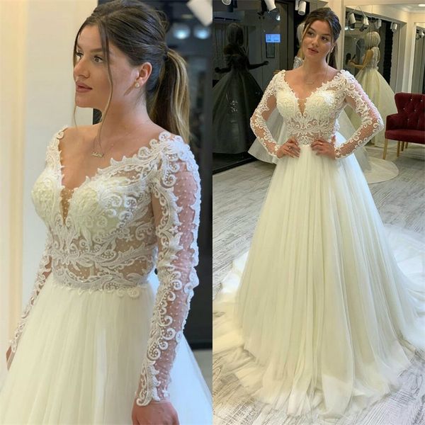 

2020 illusion a-line wedding dresses gorgeous appliques lace v-neck long sleeves ruched tulle a line garden long bridal gown, White