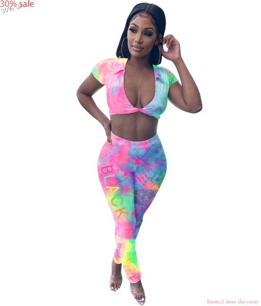 

tye dye 2 piece woman set letter print women crop stacked pants set long pants tracksuit 2 piece short-sleeve v-neck, Gray