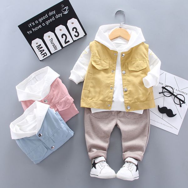 

toddler boys clothes sets sport suits girl set autumn baby boy clothes set cotton suit hooded vest +t shirt +pants, White