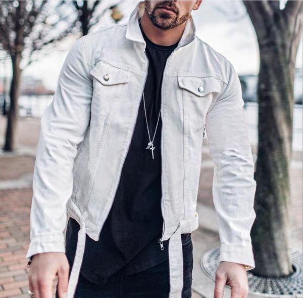

mens high street denim jackets autumn winter solid color pockets zipper fly belt short jacket men fashion outerwears, Black;brown