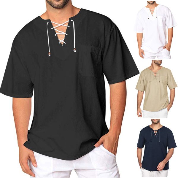 

men fashion short sleeve v-neck retro shirts new men solid color lace up slim fit casual shirts loose cotton summer blouse, White;black