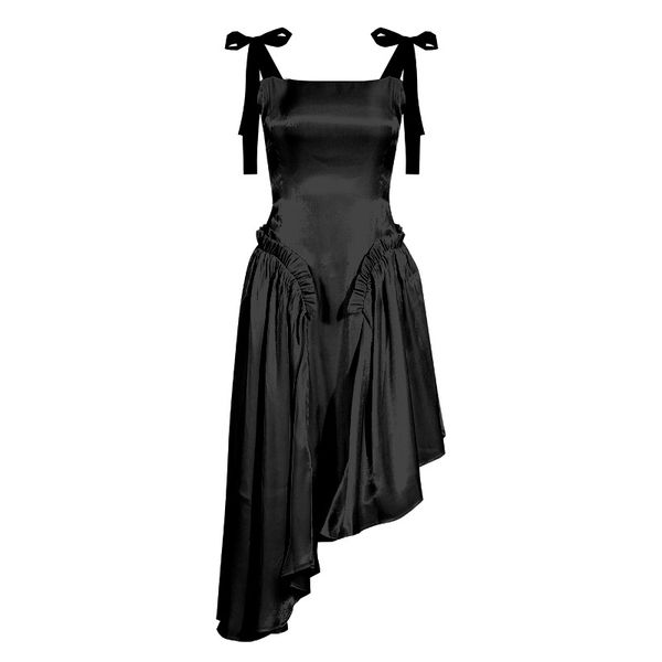 

seebeautiful ruffles patch expose back waist hollow irregular loose lace up strap sling dress women summer 2020 new l935, Black;gray