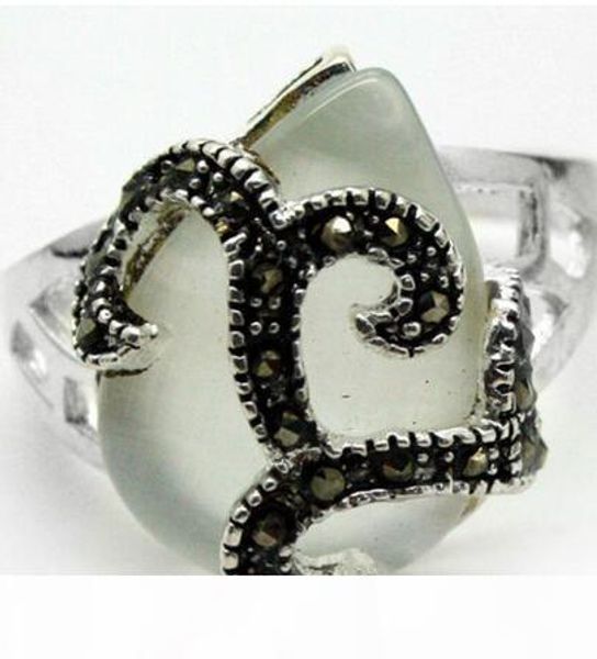 

18x16mm белый marcasite кошачий глаз стерлингового серебра леди кольцо sz 7-10, Silver