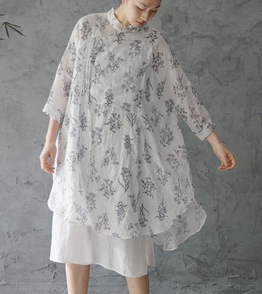 

printed ramie shirt skirt thin tie sen women's dress, White