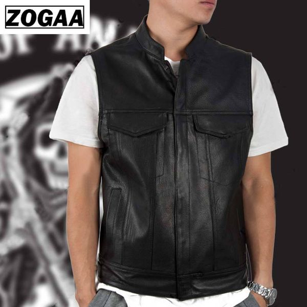 

zogga 2020 men vest black biker motorcycle hip hop waistcoat male faux leather punk solid black spring sleeveless leather vest, Black;white