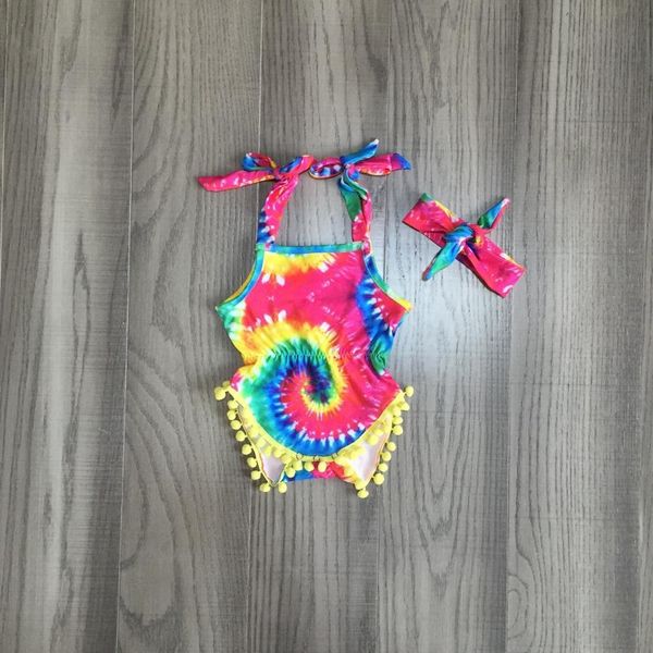 

summer baby girls children clothes kidswear tie dyed pom-pom tie romper toddler diaper snaps cotton ruffle match headwear, Blue