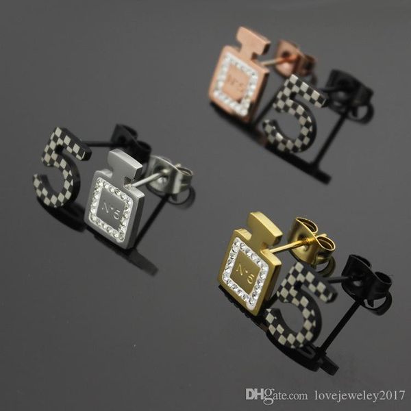 

горячие продажи элегантный номер 5 флакон духов stud нержавеющей стали silver rose gold очаровательная количество пять асимметричный серьги, Golden;silver