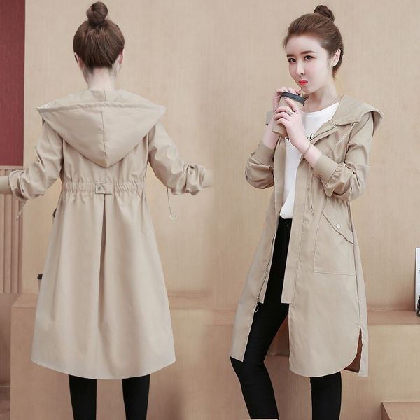 

mid-length hooded trench women's 2019 autumn new korean style slim windbreaker coat fit slim fashion knee-high temperament coat, Tan;black