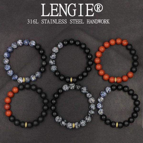 

natural onxy stone bracelet 10mm snowflake beaded gold stainless steel stretch bracelet for men women lovers jewelry gifts, Black