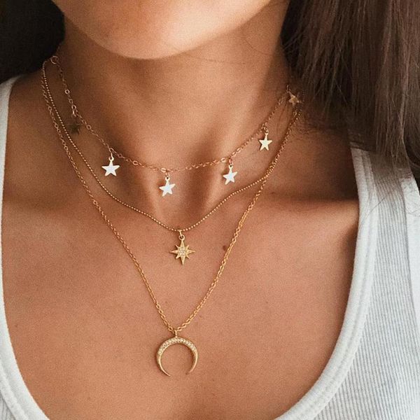 

glamour women necklaces moon star octagon pendant clavicle chain multilayer gold necklace set classic engagement party jewelry, Silver