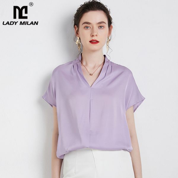

100% silk women's shirt v neck ruched short sleeves fashion pullover blouse summer, White