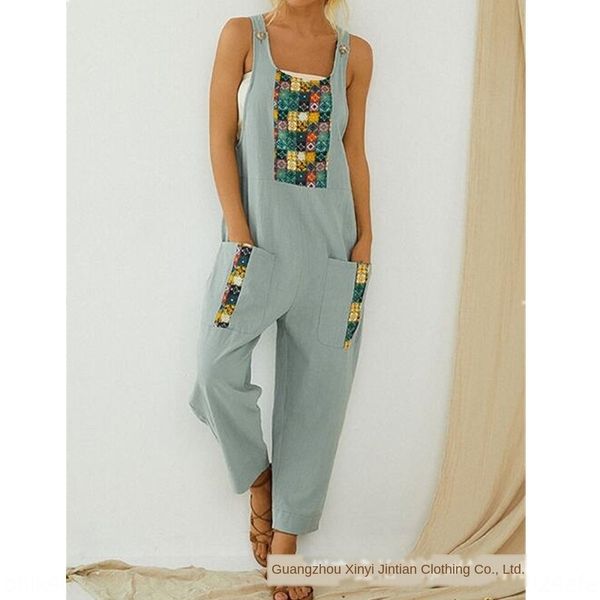 

y9amb summer cotton printed patchwork round neck loose sleeveless group women's summer cotton jumpsuit ethnic printed patchwork round n, Black;white