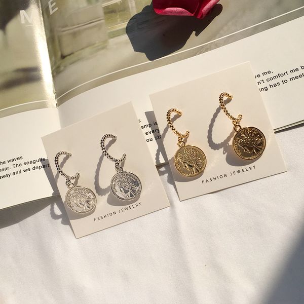

vintage medusa coin portrait drop earrings charm gold zinc alloy ethnic head for women fashion jewelry pendant metal punk, Silver